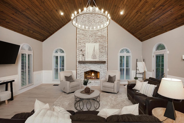 3 Chamblee Ct, Signal Mountain, TN 37377 - living room with wainscoting, high vaulted ceiling, wood ceiling, a chandelier, and wood finished floors
