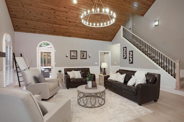 3 Chamblee Ct, Signal Mountain, TN 37377 - living area with high vaulted ceiling, wooden ceiling, a chandelier, stairs, and wood finished floors