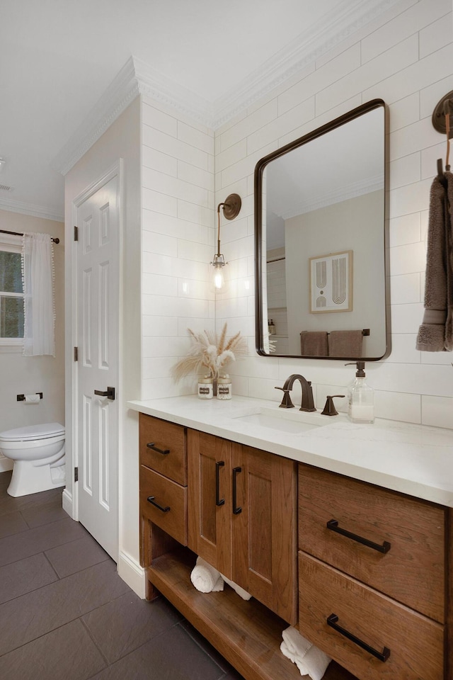 3 Chamblee Ct, Signal Mountain, TN 37377 - bathroom with ornamental molding, vanity, tile patterned floors, and tasteful backsplash