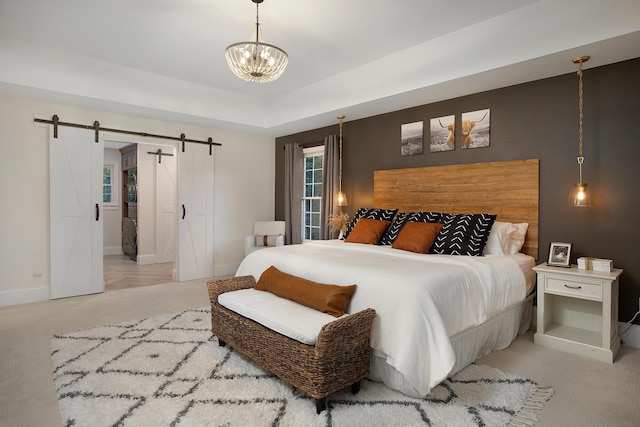 3 Chamblee Ct, Signal Mountain, TN 37377 - bedroom with carpet floors, a barn door, and a chandelier
