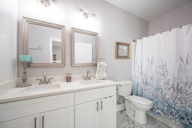 421 Coahulla Creek Dr, Dalton, GA 30721 - full bathroom featuring marble look tiles, toilet, double vanity, and a shower with shower curtain