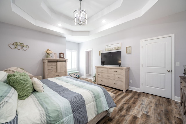 421 Coahulla Creek Dr, Dalton, GA 30721 - bedroom with a raised ceiling, a chandelier, recessed lighting, wood finished floors, and baseboards