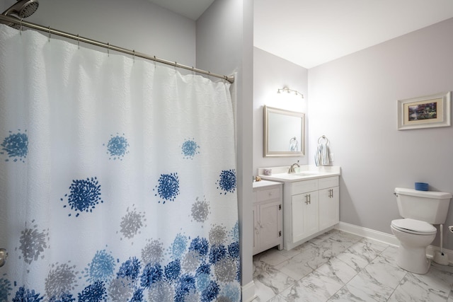 421 Coahulla Creek Dr, Dalton, GA 30721 - bathroom with marble finish flooring, vanity, toilet, baseboards, and a shower with curtain