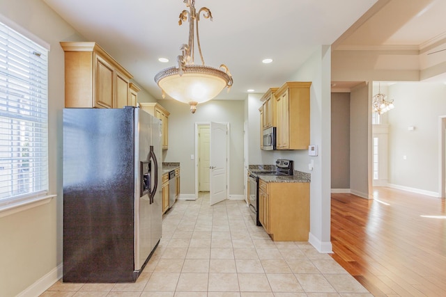 2367 Lake Mist Dr, Chattanooga, TN 37421 - kitchen featuring stainless steel appliances, a chandelier, healthy amount of natural light, light stone counters, and recessed lighting