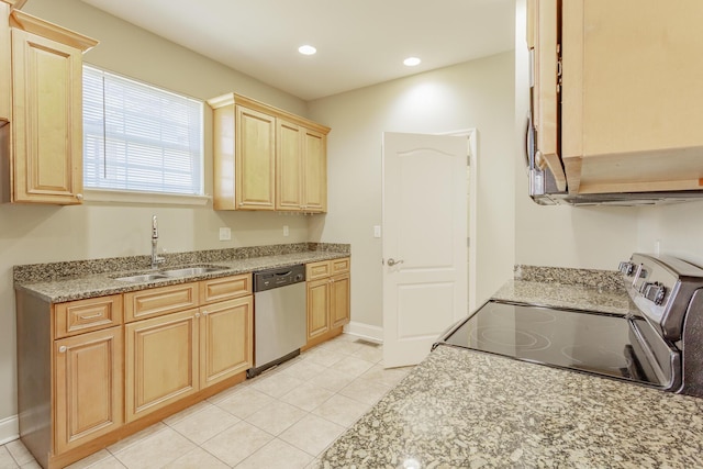 2367 Lake Mist Dr, Chattanooga, TN 37421 - kitchen featuring dishwasher, range with electric stovetop, light brown cabinets, light tile patterned floors, and recessed lighting