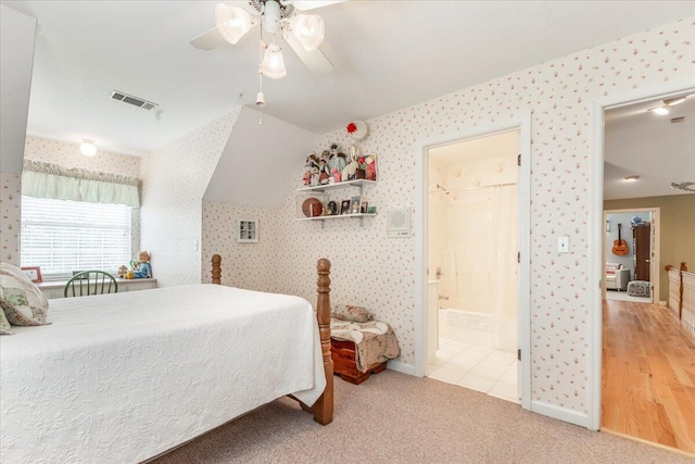 125 W Fork Ln, Chickamauga, GA 30707 - carpeted bedroom featuring wallpapered walls, ensuite bathroom, baseboards, and ceiling fan