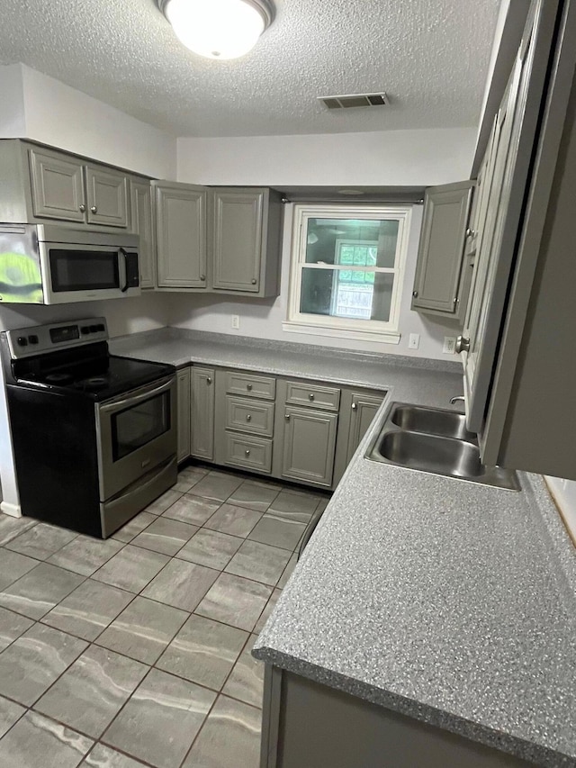 4510 Bluffwood Way, Cohutta, GA 30710 - kitchen with appliances with stainless steel finishes, gray cabinets, a sink, and a textured ceiling