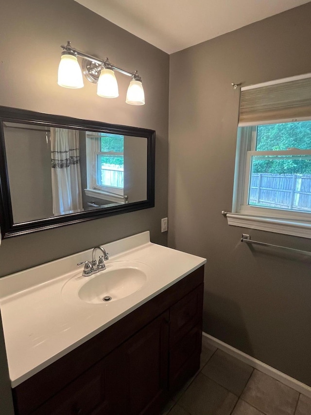 4510 Bluffwood Way, Cohutta, GA 30710 - bathroom featuring vanity, tile patterned floors, baseboards, and a shower with curtain