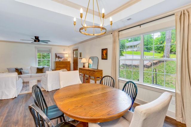168 Middle Rd, Lookout Mountain, GA 30750 - dining area with crown molding, plenty of natural light, dark wood-style flooring, a chandelier, and a ceiling fan