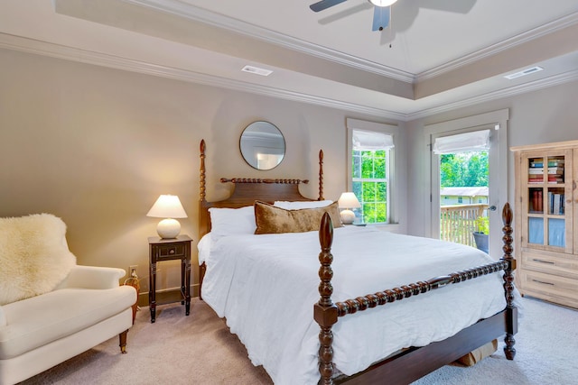 168 Middle Rd, Lookout Mountain, GA 30750 - bedroom with light carpet, access to exterior, a tray ceiling, ornamental molding, and a ceiling fan
