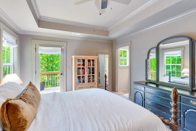 168 Middle Rd, Lookout Mountain, GA 30750 - bedroom with access to exterior, ornamental molding, a raised ceiling, and a ceiling fan