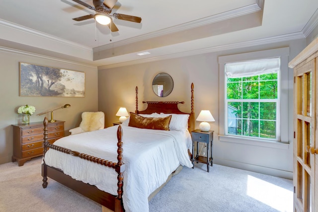 168 Middle Rd, Lookout Mountain, GA 30750 - bedroom featuring light carpet, crown molding, a tray ceiling, and a ceiling fan