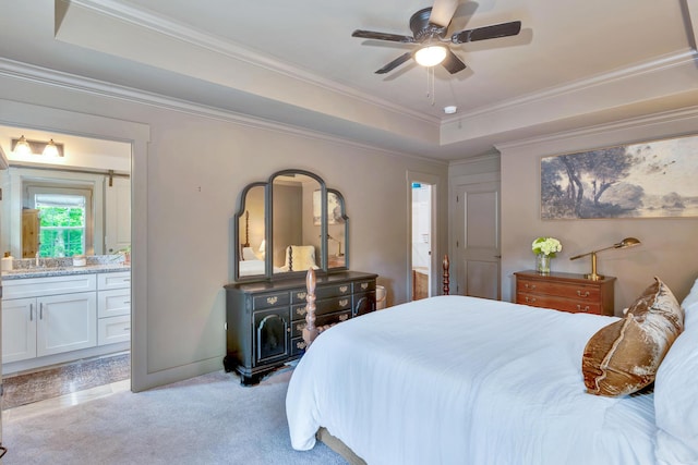 168 Middle Rd, Lookout Mountain, GA 30750 - bedroom with a tray ceiling, light colored carpet, ensuite bath, crown molding, and ceiling fan