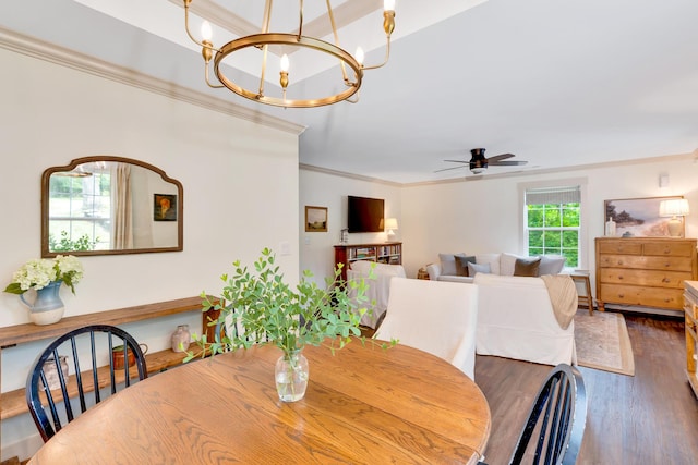 168 Middle Rd, Lookout Mountain, GA 30750 - dining room featuring ornamental molding, ceiling fan, wood finished floors, and a chandelier