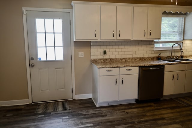 503 Kirby Dr, Cleveland, TN 37323 - kitchen with stainless steel dishwasher, tasteful backsplash, white cabinets, and dark wood finished floors