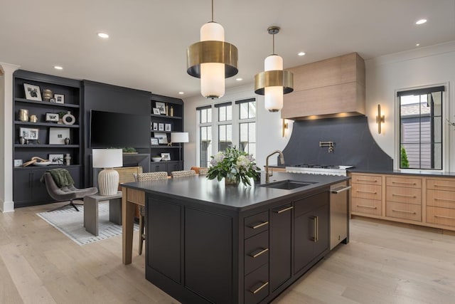 3634 Falkirk Way, Ooltewah, TN 37363 - kitchen with dark countertops, light wood finished floors, premium range hood, recessed lighting, and ornamental molding