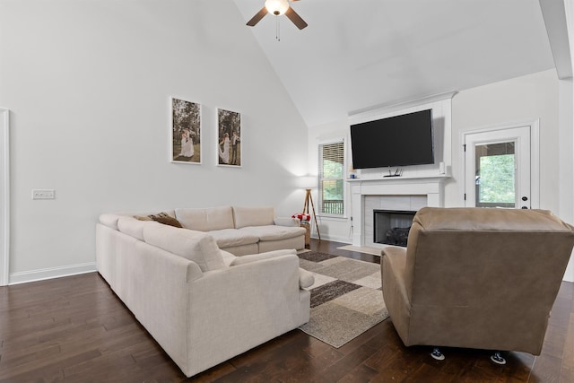 6434 Satjanon Dr, Ooltewah, TN 37363 - living room with high vaulted ceiling, a ceiling fan, a tiled fireplace, and dark wood-style floors