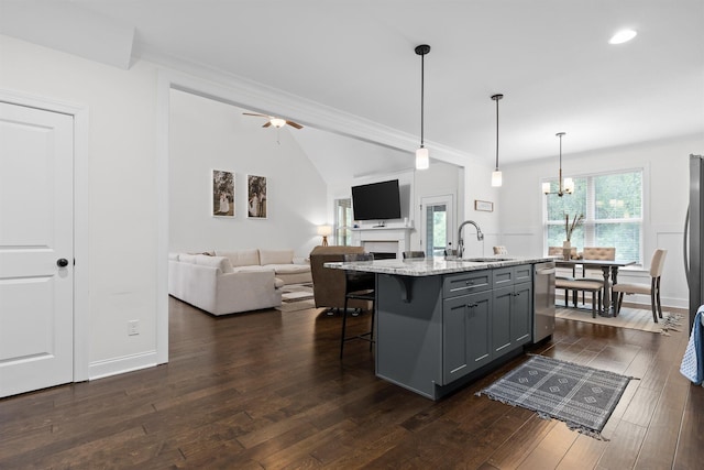 6434 Satjanon Dr, Ooltewah, TN 37363 - kitchen with dishwasher, gray cabinets, light stone countertops, a breakfast bar area, and open floor plan