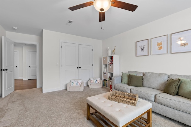 6434 Satjanon Dr, Ooltewah, TN 37363 - living room featuring light carpet and ceiling fan