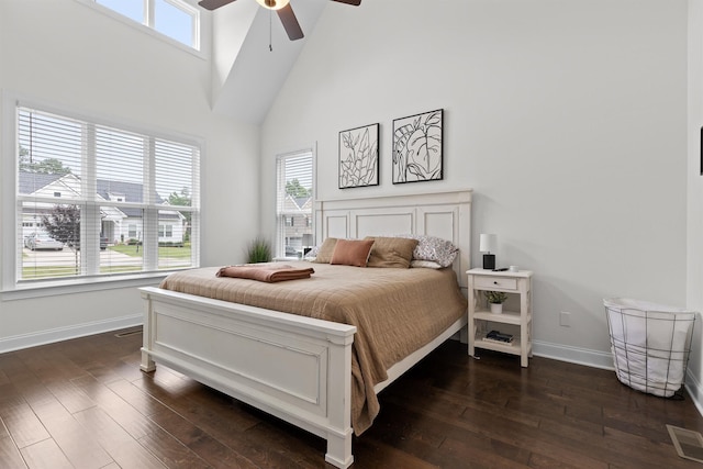 6434 Satjanon Dr, Ooltewah, TN 37363 - bedroom featuring high vaulted ceiling, multiple windows, dark wood-type flooring, and ceiling fan