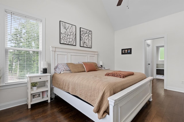 6434 Satjanon Dr, Ooltewah, TN 37363 - bedroom with dark wood-style flooring, ensuite bath, high vaulted ceiling, and a ceiling fan