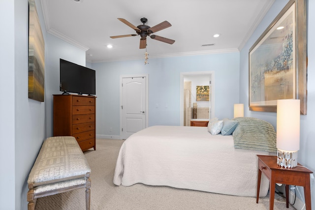 1008 Renaissance Ct, Chattanooga, TN 37419 - carpeted bedroom featuring recessed lighting, crown molding, ensuite bath, and a ceiling fan
