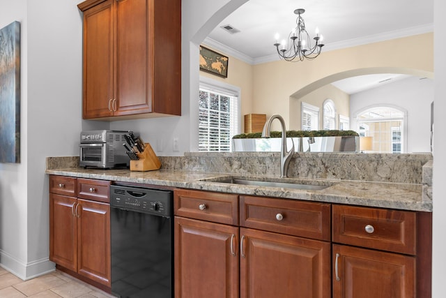 1008 Renaissance Ct, Chattanooga, TN 37419 - kitchen featuring dishwasher, light stone counters, a chandelier, brown cabinetry, and ornamental molding
