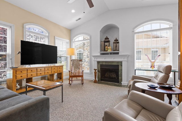 1008 Renaissance Ct, Chattanooga, TN 37419 - living area with a ceiling fan, vaulted ceiling, a tile fireplace, and recessed lighting