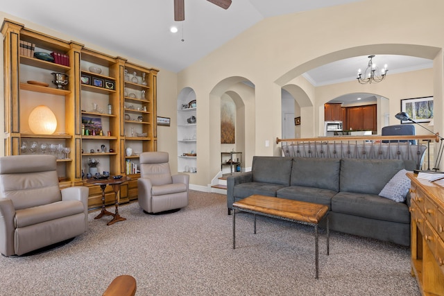 1008 Renaissance Ct, Chattanooga, TN 37419 - living area with crown molding, a ceiling fan, built in features, carpet flooring, and lofted ceiling