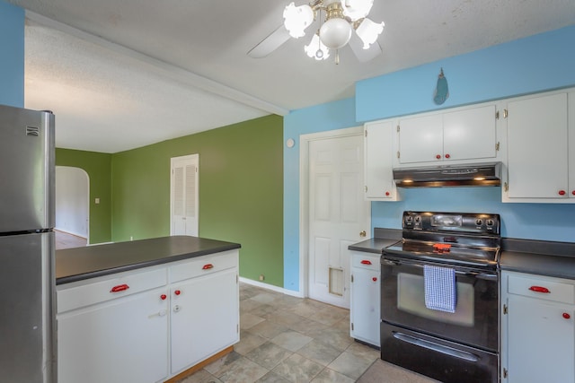 105 Joyce Ave, Red Bank, TN 37415 - kitchen featuring electric range, freestanding refrigerator, under cabinet range hood, dark countertops, and white cabinets