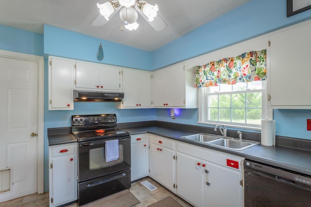 105 Joyce Ave, Red Bank, TN 37415 - kitchen with black appliances, under cabinet range hood, dark countertops, and white cabinetry