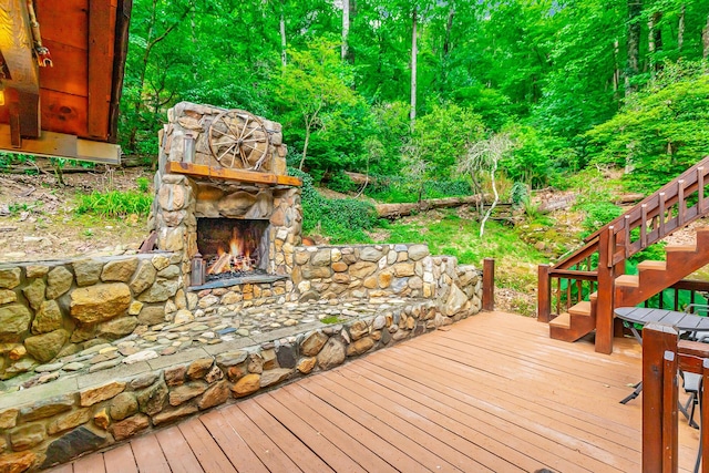 879 Amy Creek Cir, Ellijay, GA 30540 - wooden terrace featuring an outdoor stone fireplace