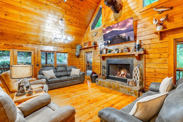 879 Amy Creek Cir, Ellijay, GA 30540 - living room with wood walls, healthy amount of natural light, hardwood / wood-style flooring, high vaulted ceiling, and wood ceiling