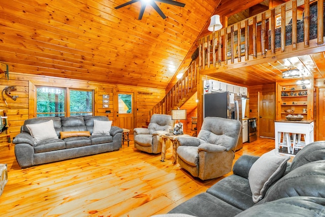 879 Amy Creek Cir, Ellijay, GA 30540 - living area featuring wooden walls, stairway, light wood-style floors, wood ceiling, and a ceiling fan