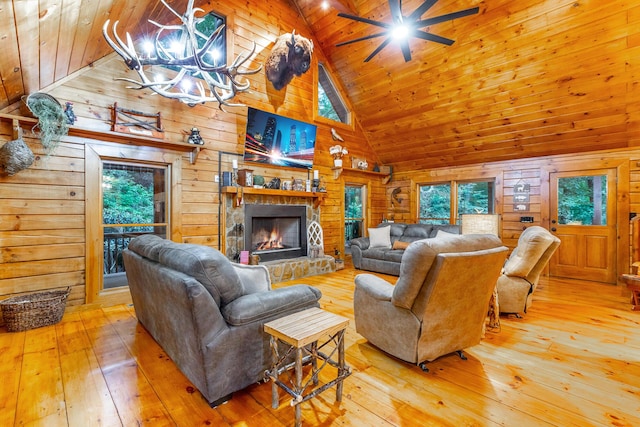 879 Amy Creek Cir, Ellijay, GA 30540 - living room featuring high vaulted ceiling, wooden ceiling, wooden walls, wood-type flooring, and healthy amount of natural light