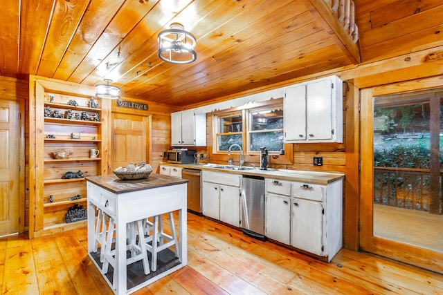 879 Amy Creek Cir, Ellijay, GA 30540 - kitchen featuring open shelves, appliances with stainless steel finishes, wooden ceiling, white cabinetry, and wooden walls