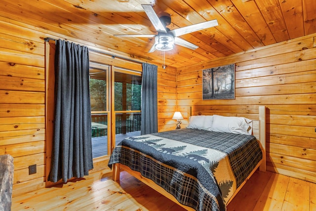 879 Amy Creek Cir, Ellijay, GA 30540 - bedroom featuring wooden ceiling, wood-type flooring, wood walls, and ceiling fan