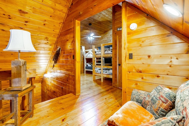 879 Amy Creek Cir, Ellijay, GA 30540 - hall with wood walls, vaulted ceiling, light wood-type flooring, and wood ceiling