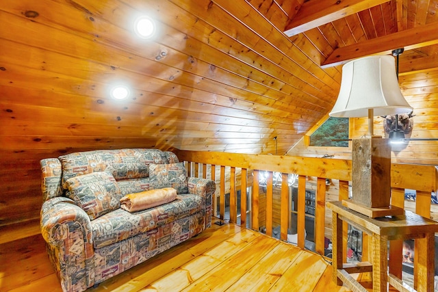 879 Amy Creek Cir, Ellijay, GA 30540 - living area with wood ceiling, wood-type flooring, wood walls, and lofted ceiling