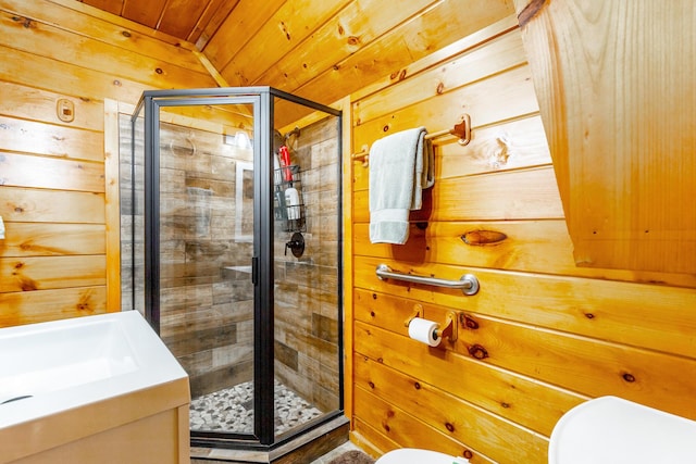 879 Amy Creek Cir, Ellijay, GA 30540 - bathroom featuring wooden walls, a shower stall, and wood ceiling