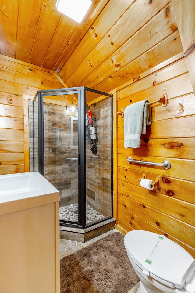 879 Amy Creek Cir, Ellijay, GA 30540 - bathroom featuring wood walls, wooden ceiling, and a stall shower