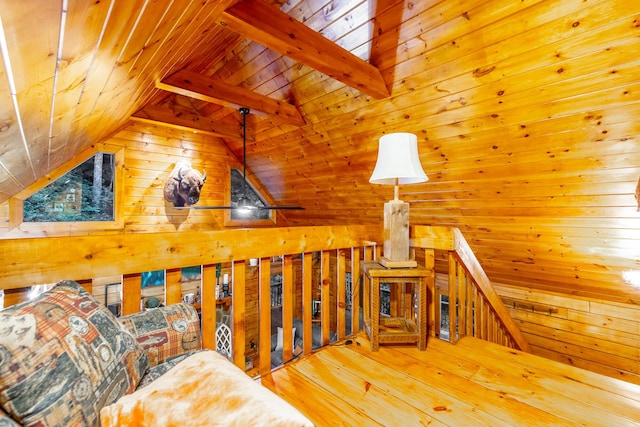 879 Amy Creek Cir, Ellijay, GA 30540 - living area with wooden ceiling, an upstairs landing, wood walls, lofted ceiling, and hardwood / wood-style floors