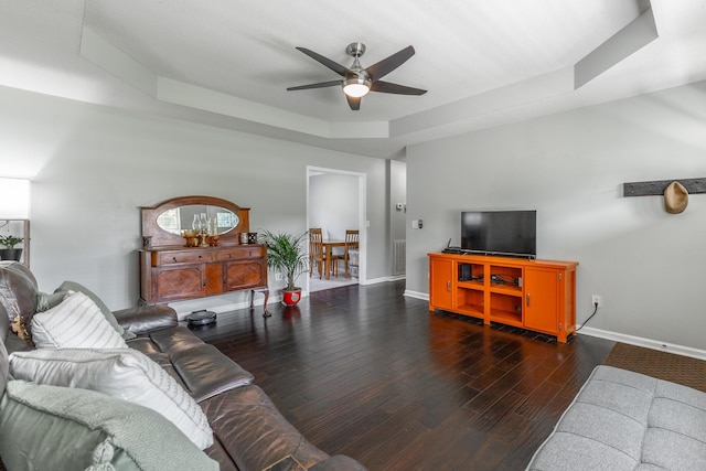 133 Wood Meadow Trl, Ringgold, GA 30736 - living area with a tray ceiling, a ceiling fan, and wood finished floors