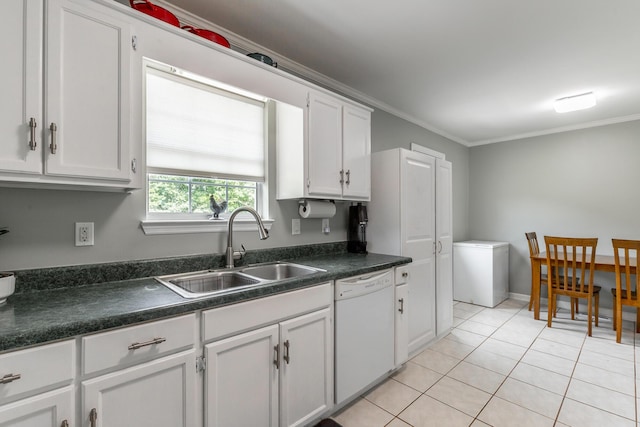 133 Wood Meadow Trl, Ringgold, GA 30736 - kitchen with dishwasher, dark countertops, white cabinetry, crown molding, and light tile patterned floors