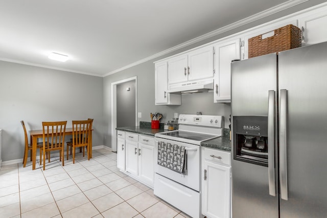 133 Wood Meadow Trl, Ringgold, GA 30736 - kitchen featuring stainless steel fridge with ice dispenser, electric stove, under cabinet range hood, crown molding, and dark countertops