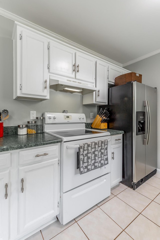 133 Wood Meadow Trl, Ringgold, GA 30736 - kitchen with white electric range oven, under cabinet range hood, dark countertops, white cabinets, and ornamental molding