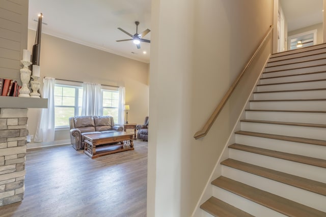 905 Live Oak Rd, Ringgold, GA 30736 - stairs featuring a ceiling fan, wood finished floors, and ornamental molding