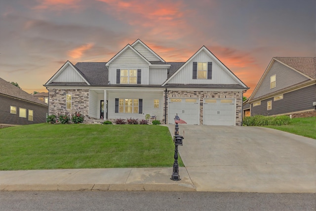 905 Live Oak Rd, Ringgold, GA 30736 - modern farmhouse style home featuring stone siding, concrete driveway, a lawn, board and batten siding, and a porch