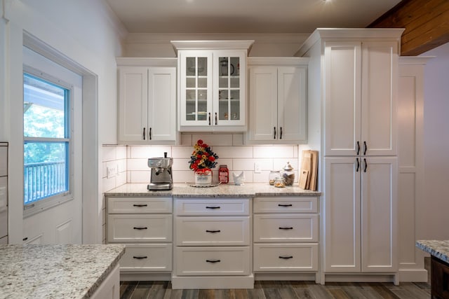 343 Highlands Forest Rd, Menlo, GA 30731 - kitchen featuring white cabinets, glass insert cabinets, and backsplash