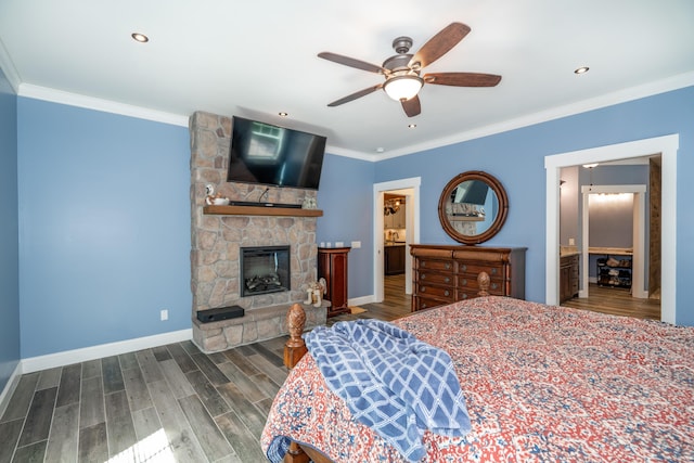 343 Highlands Forest Rd, Menlo, GA 30731 - bedroom featuring ornamental molding, a fireplace, wood finished floors, recessed lighting, and ceiling fan